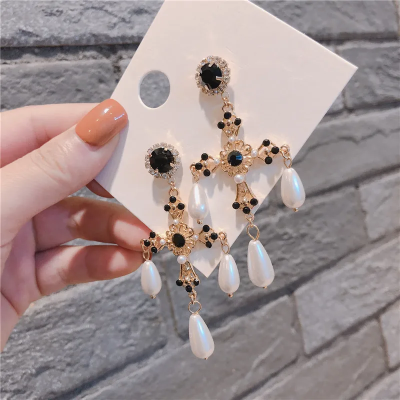 

Exaggerate Geometric Black Crystal Imitation Pearl Big Dangle pendientes Femme Bijoux Fashion Statement Drop Earrings For Women