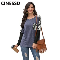 cinessd leopard print pocket tee shirts women casual tops round neck long sleeves patchwork pullover tunic autumn winter tshirt