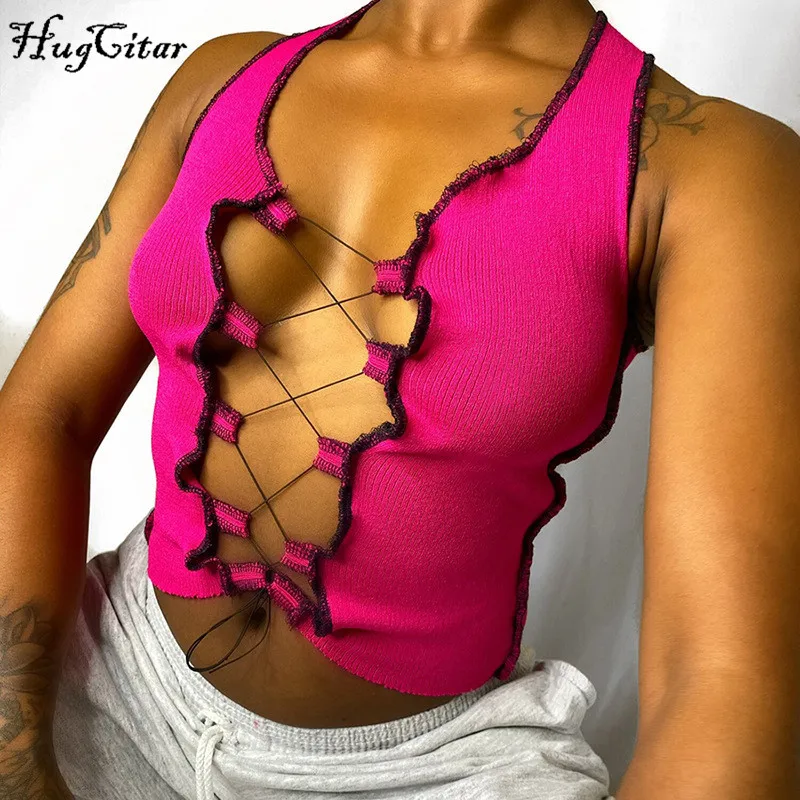 Женский топ без рукавов Hugcitar на бретелях с вырезами летняя уличная одежда