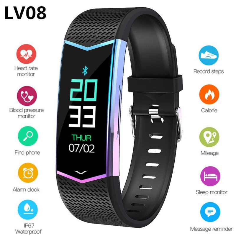 LV08 Смарт-часы браслет спортивные футболки для мужчин, женщин и детей Водонепроницаемый сердечного ритма крови Давление Sleep Monitor Камера унисекс для iOS и Android