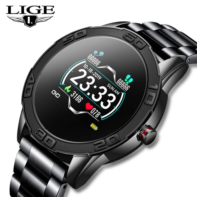 LIGE Новые смарт-часы со стальным ремешком OLED экран пульсометр измеритель