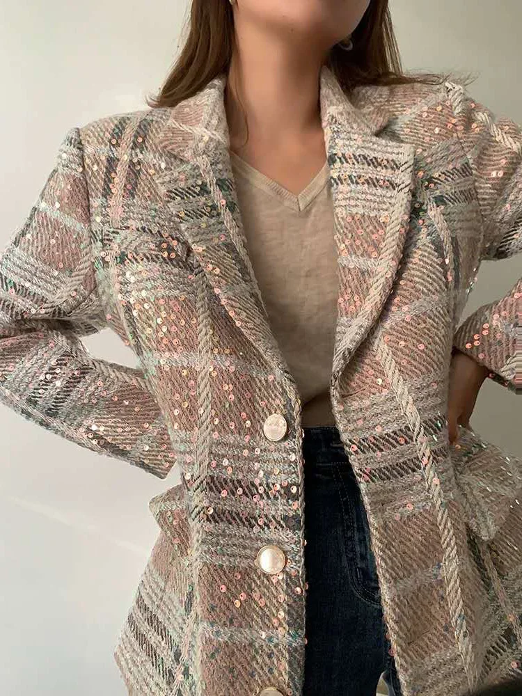 

Original Design Plaid Sequin jacket Suit Women Single Breasted Pocket Blazer Loose Fashion Female Retro Suits Thicken Coat