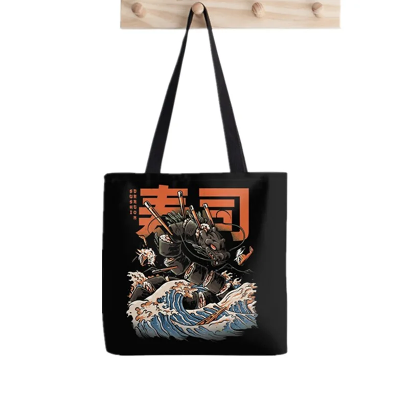 

2021 Shopper The Black Sushi Dragon printed Tote Bag women Harajuku shopper handbag girl Shoulder shopping bag Lady Canvas Bag