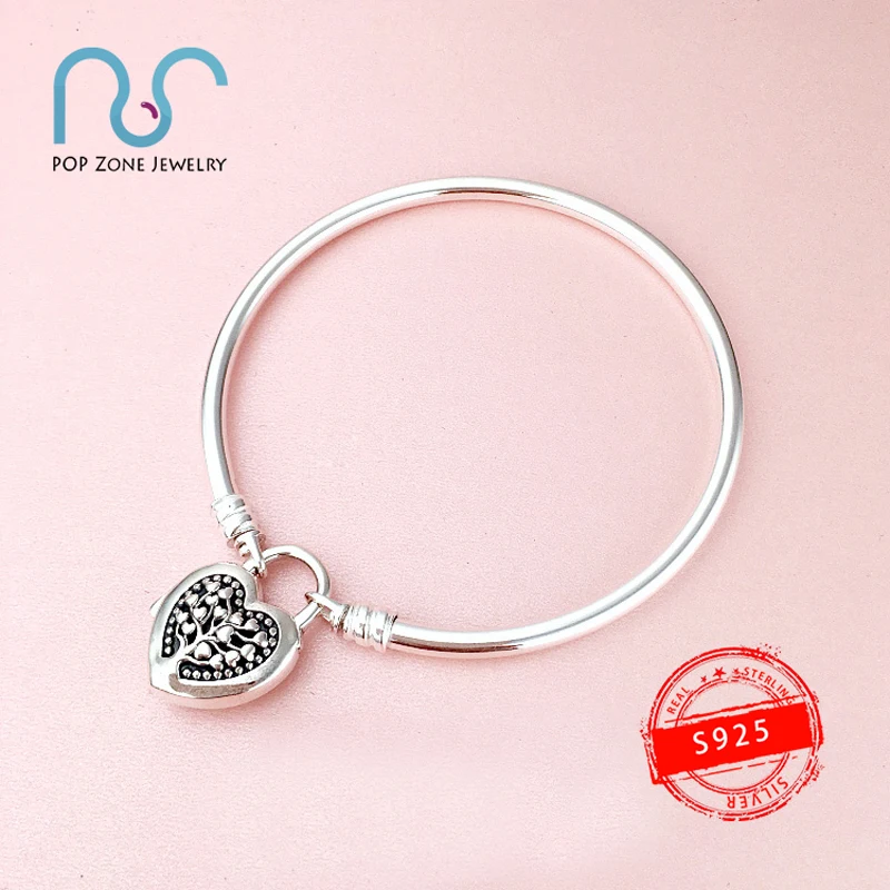 

S925 Sterling Silver Bracelet Brand Original 1:1 With Logo Heart-Shaped Lock Tree Of Life Snake Bone Chain Bangle Luxury Jewelry
