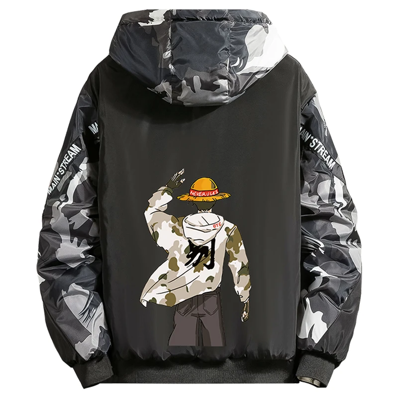 LES KOMAN One Piece Luffy Printing Winter Coat Men Jacket Casul Streetwear Hooded Hip Hop Splice Coats Outwear S-5XL