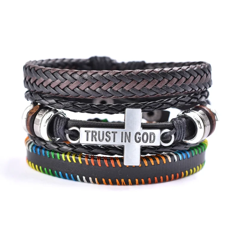 Браслет Trust In God 3 шт./компл. модные черно-коричневые браслеты из натуральной кожи