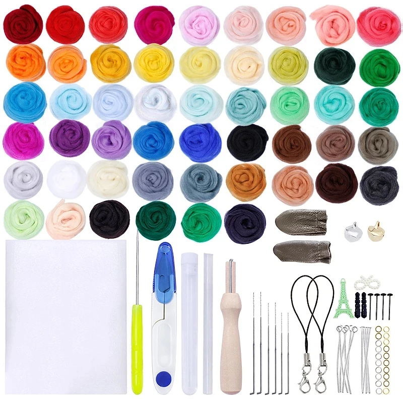 

MIUSIE 50 Colors Wool Felt Craft Kit Needle Felting Tools With Roving Wool Fiber Hand Spinning DIY Craft Supplies For Starters