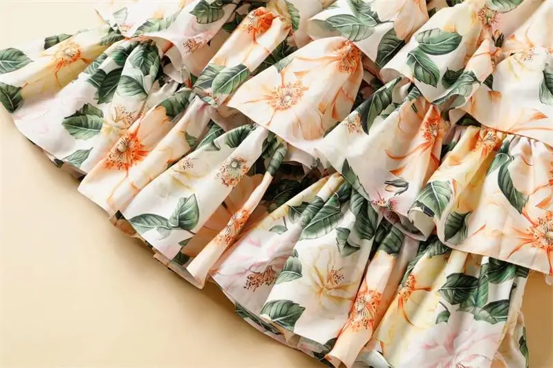 

Women Dress 2021 High Quality Runway Summer Camellia Floral Print Spaghetti Strap Backless Ruffle Beach Dress Ball Gown Dress