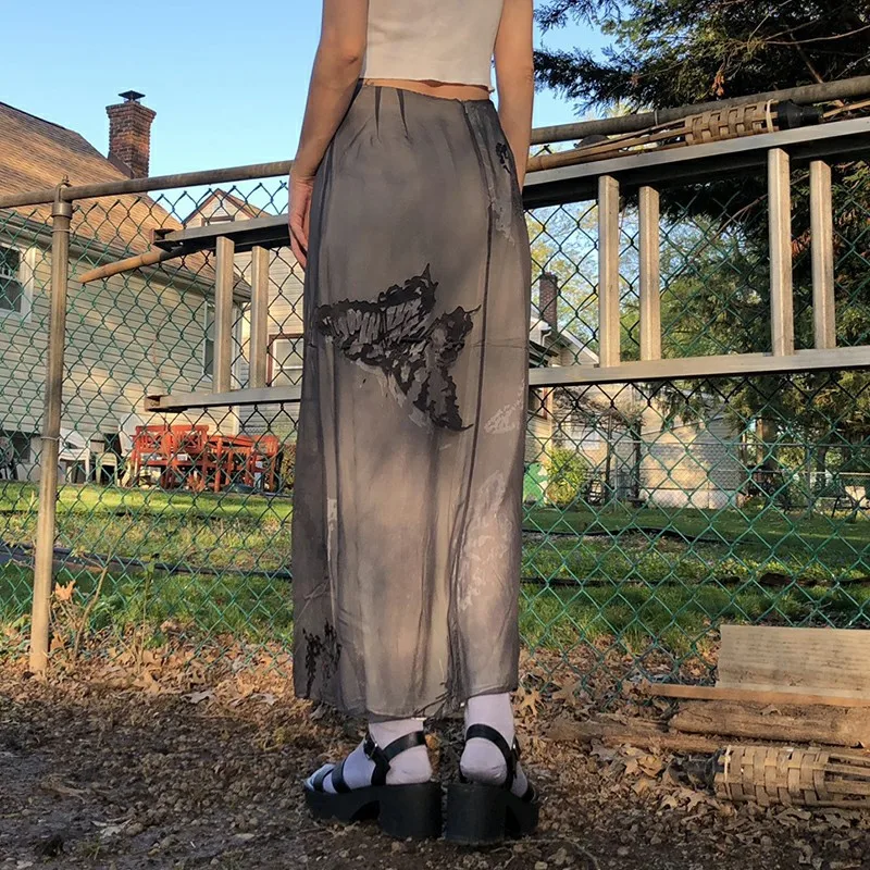 Женская винтажная юбка миди с бабочками черная сексуальная Длинная в стиле