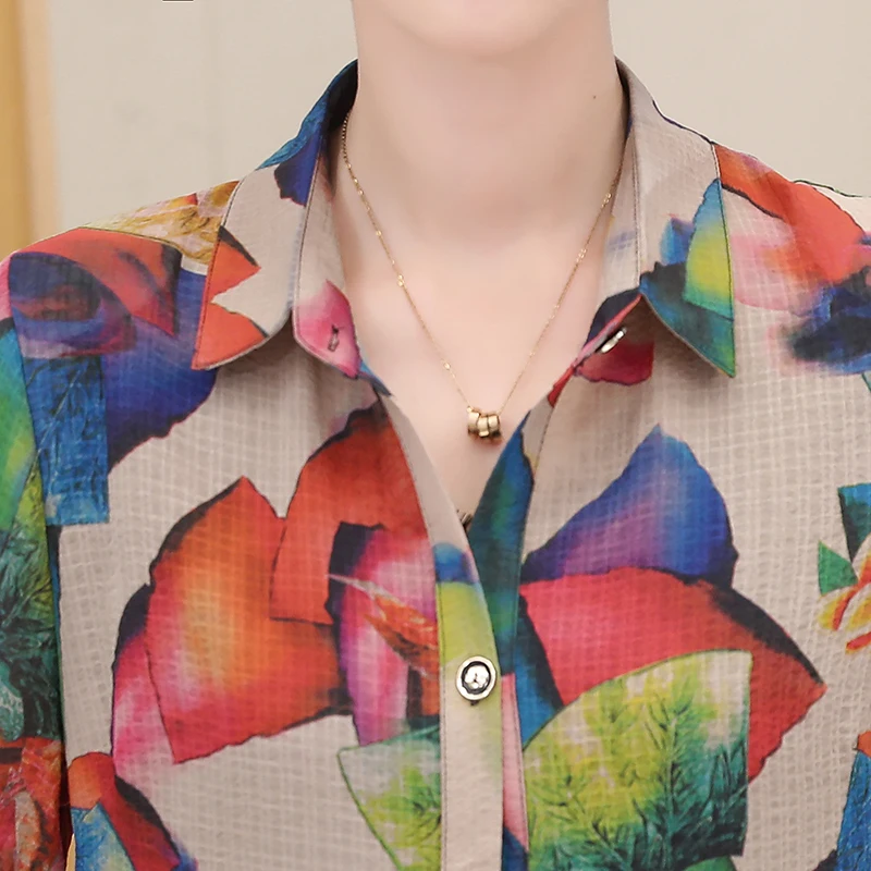 

Plus Size Autumn Spring Long Blouse for Women Turn Down Collar Printing Shirts Three Quarter Sleeve Single Breasted Casual Tops