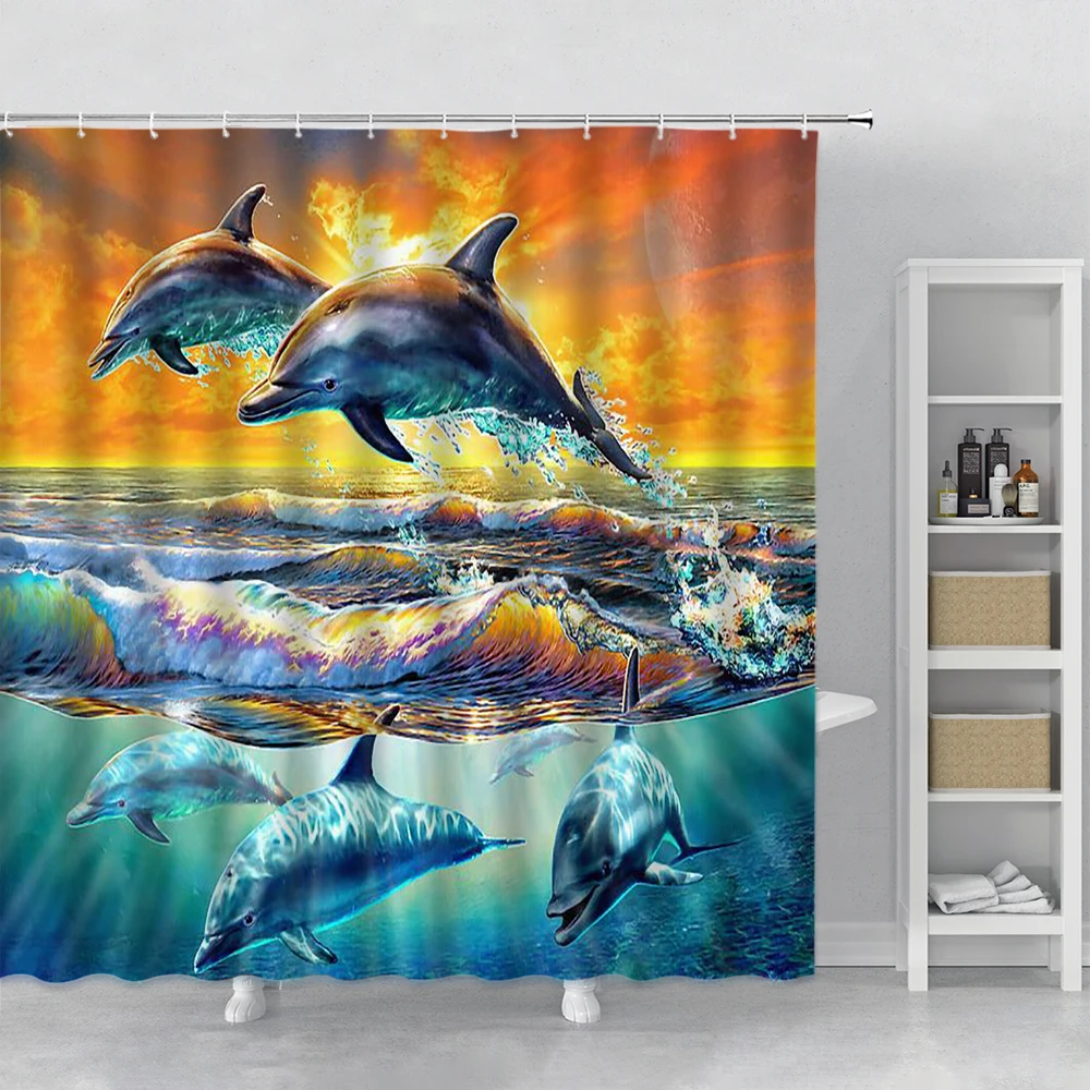

Beautiful Sunset Ocean Waves Jumping Dolphin Shower Curtain Colored Sky Sea Animals Print Bath Curtains Bathroom Products Decor