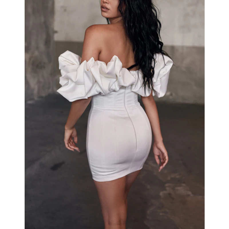 

Sexy Women Off Shoulder Boadycon Dress Ladies Puff Sleeve Party Dress Female High Waist Dress for Club Wear Vestidos