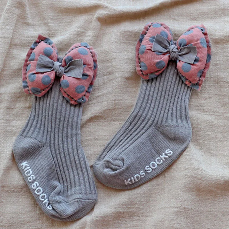 gray bowknot BalleenShiny/мягкие хлопковые носки для малышей кружевные коронные носки принцессы нескользящие носки-тапочки с рисунком кролика - Цвет: gray bowknot