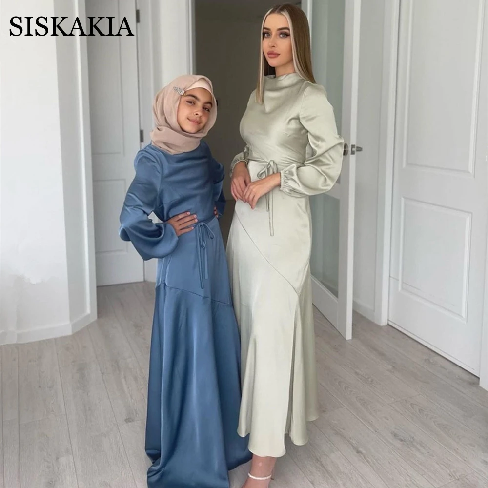 

Siskakia Brief Solid Satin Maxi Dress for Women Stand Collar Lantern Sleeve Empire Swing Dubai Turkey Arabic Oman Muslim Clothes
