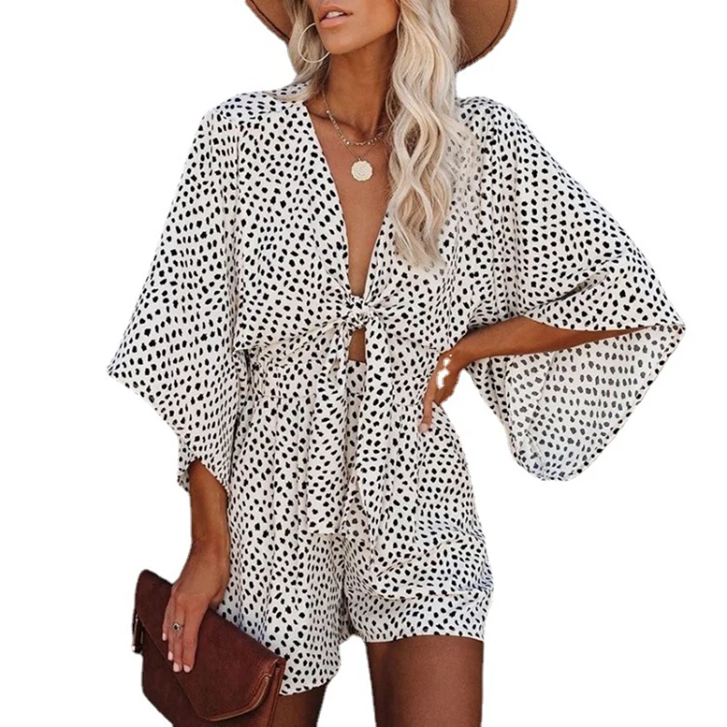 

V Neck Bandage 2021 Summer Flare Sleeve Print Playsuit Women Lace-up Sexy Loose Rompers Casual Ruffle Playsuit Holiday Clothes