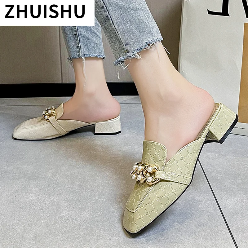 

Мюли Baotou женские с металлической цепочкой, модные шлепанцы с квадратным носком, на низком каблуке, повседневная обувь, лето 2021