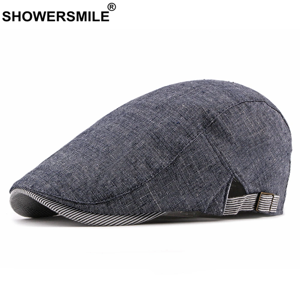 

SHOWERSMILE Navy Cotton Linen Flat Cap for Men Summer Beret Man British Style Vintage Casual Baret Adjustable 55-60cm