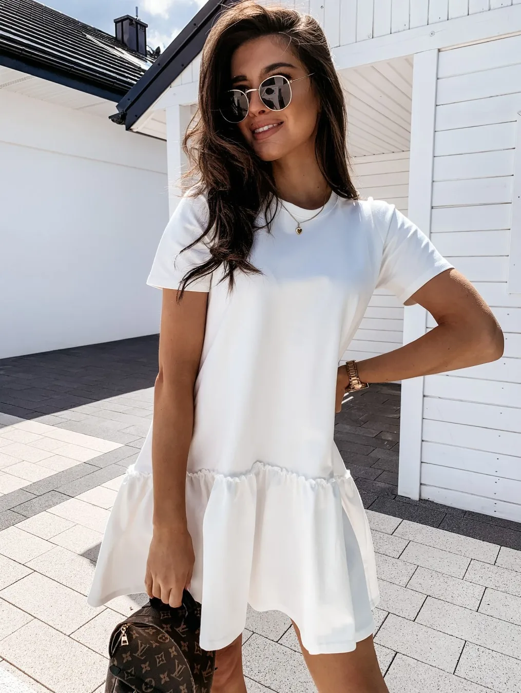 

2021 Summer New Style Pure Color Short Sleeve Home Loose Round Neck Ruffle Dress Women's Clothing
