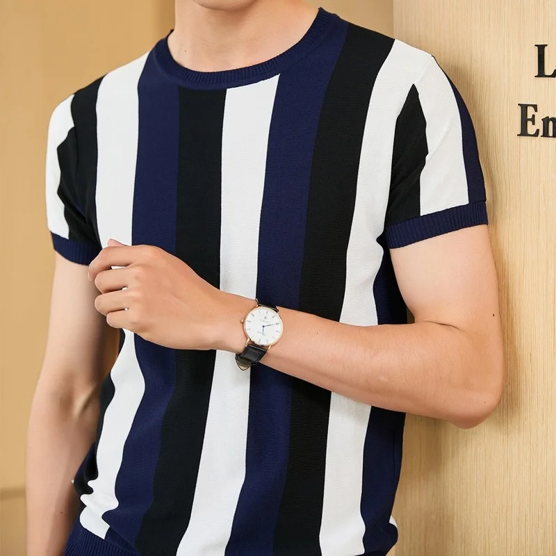 

Ice Silk Men's Round Neck Short-sleeved Sweater T-shirt Striped Half-sleeved Bottoming Trendy Top T-shirt Thin Men Clothing