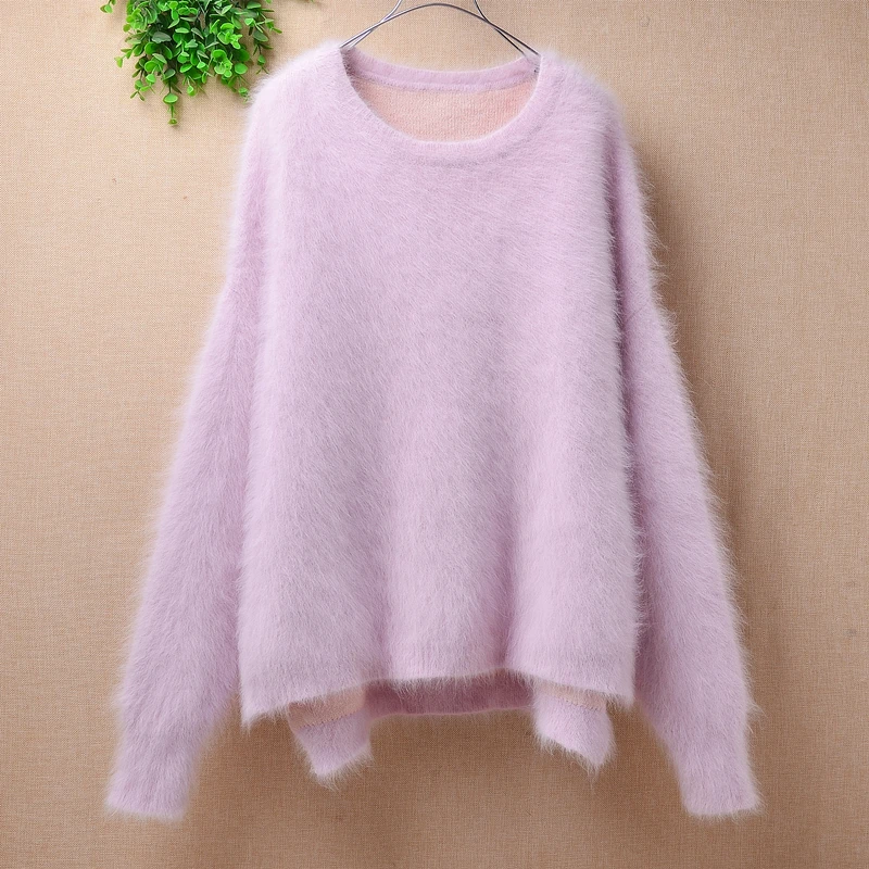 

female women winter thick warm hairy pink mink cashmere knitted long sleeves loose pullover angora fur jumper sweater pull tops