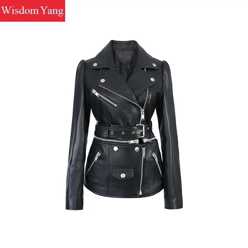 

Autumn Black Sheepskin Leather Coat Jackets Genuine Motorcycle Jacket Womens Tops Ladies asymmetrical Coats Overcoat Outerwear