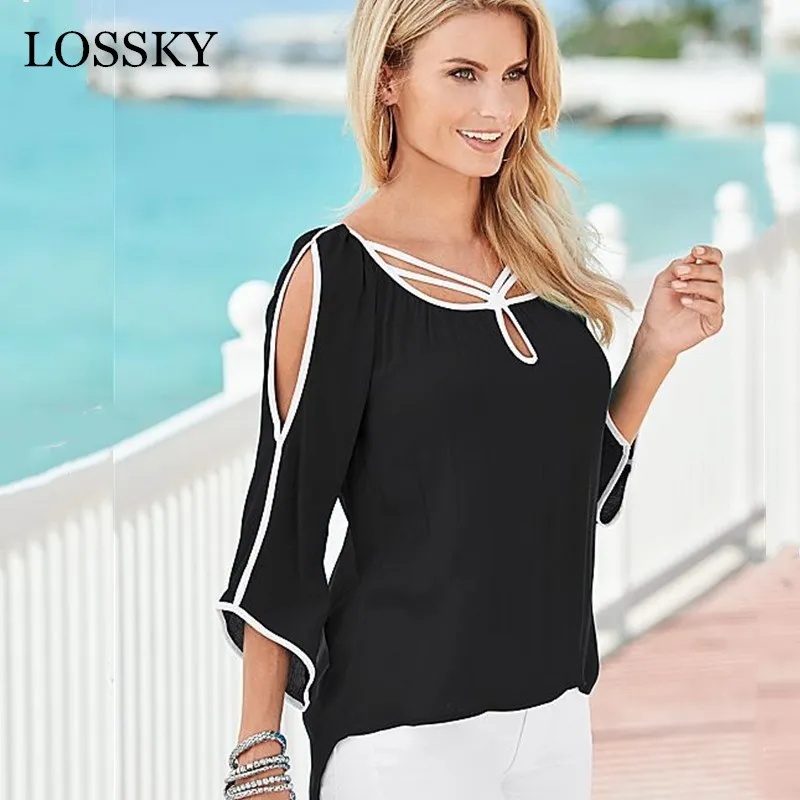 

Womens Patchwork Chiffon Blouses Shirt Summer Streetwear Cold Shoulder 3/4 Sleeve Korean Elegant Lady Shirts Women Tops Clothes