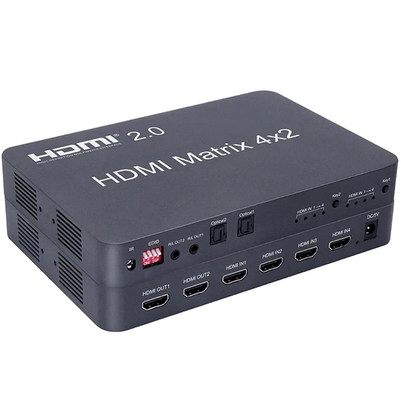 

HDMI матрица 4x2 Переключатель сплиттер 4K @ 60 Гц HDMI 2,0 матрица Поддержка аудио выхода оптический ИК пульт дистанционного управления EDID 4K 4x2 матри...