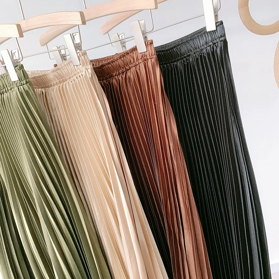 Treutoyeu Gothic Metallic Black Pleated Long Skirt Vintage High Waisted A Line Satin Skirts Womens Korean Style 2020 Winter