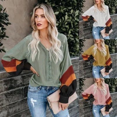 

Ladies loose casual V-neck contrast color flared sleeve top