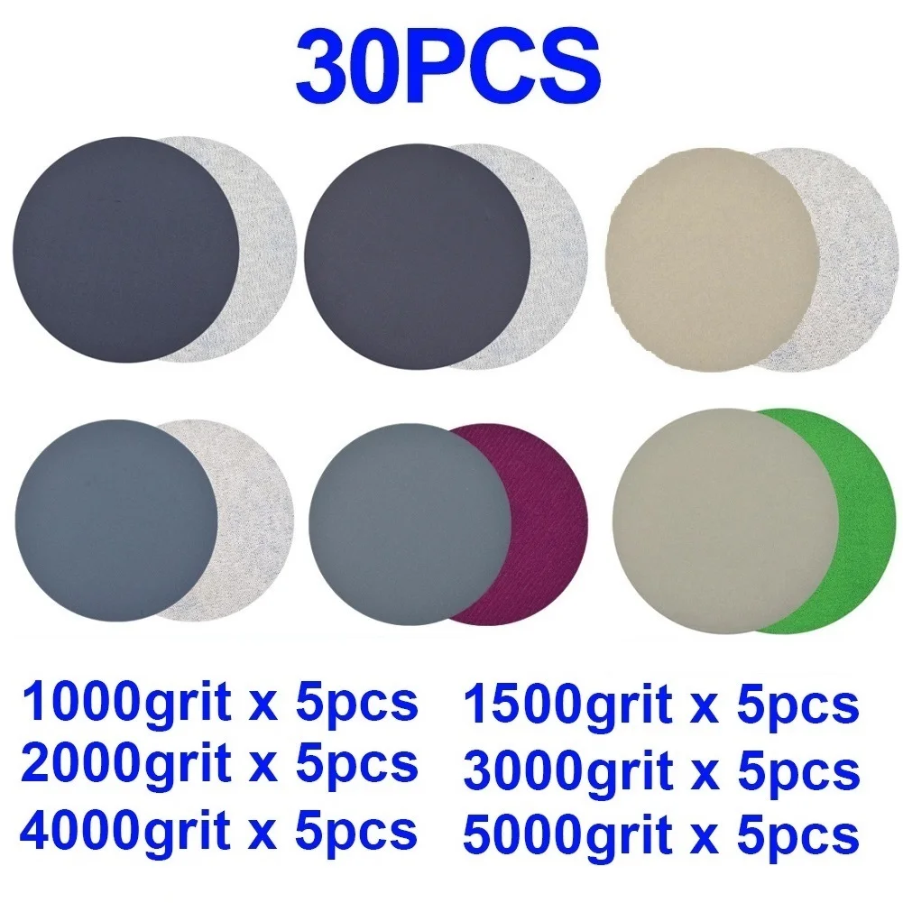 

30pcs 125mm Wet /Dry Sanding Discses 5 Inch Hook Loop Sandpaper 1000-5000 5pcs Each Grit High Quality Polishing Abrasive Pads