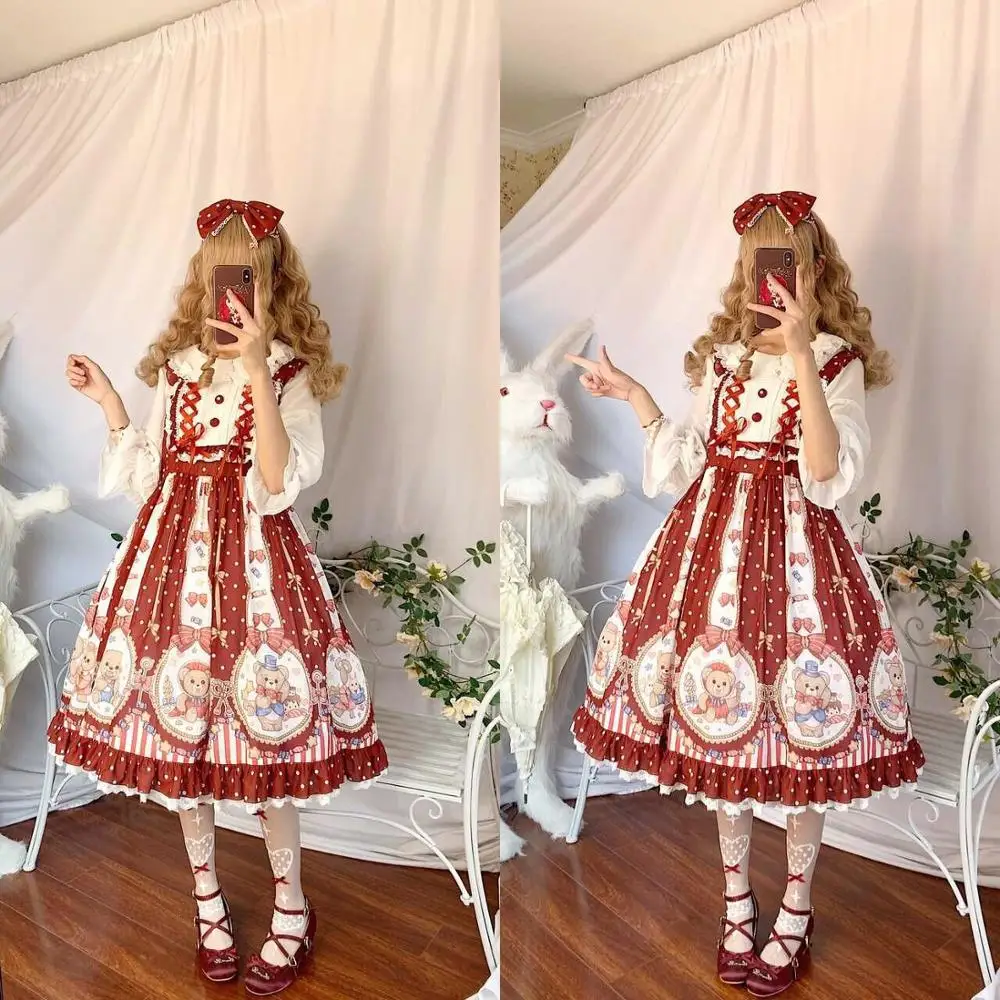 

Palace princess sweet lolita dress vintage lace bandage bowknot cute printing victorian dress kawaii girl gothic lolita jsk cos