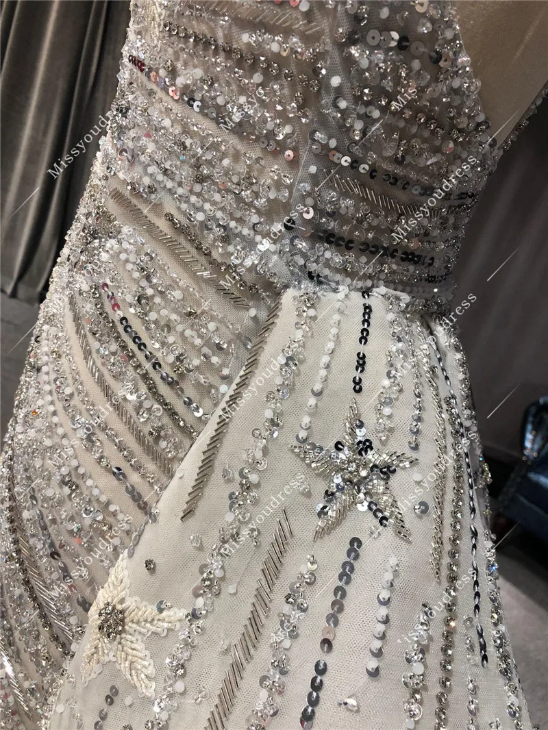 ZuhairMurad Silver High Quality Luxury Real Pictures Heavy Beads Deep V-Neck Floor Length Evening Party Prom Dance Bridal Dress
