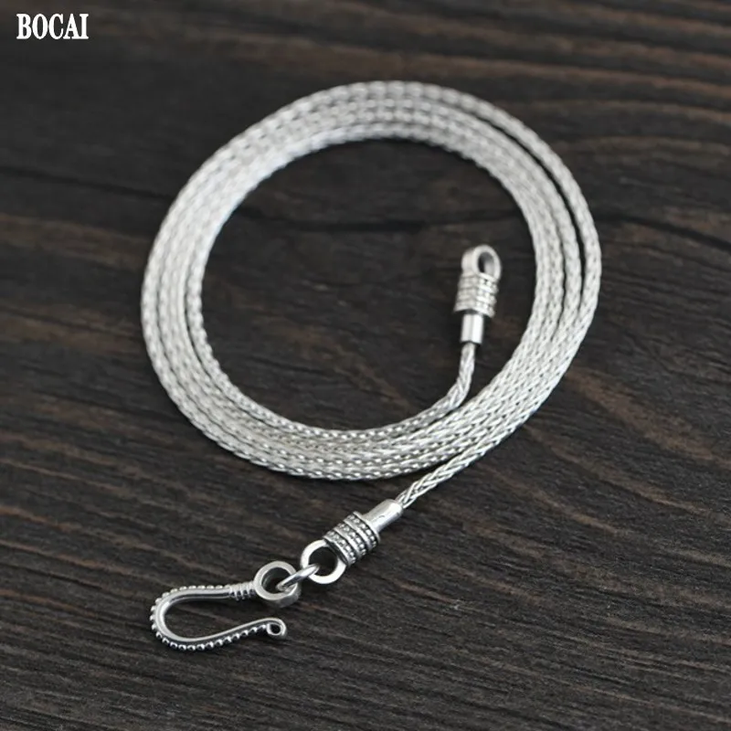 

BOCAI New Real Solid S925 Silver 1MM fashion Braided Horsewhip Chain detachable Simple Man and Woman Necklace