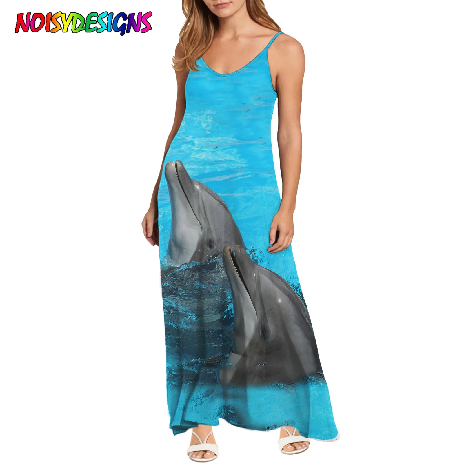 

NOISYDESIGNS Women's Elegant Long Dress 3D Dolphin Shark Printed Sling Strap V-neck Sleeveless Dresses Vacation Party Beach Robe