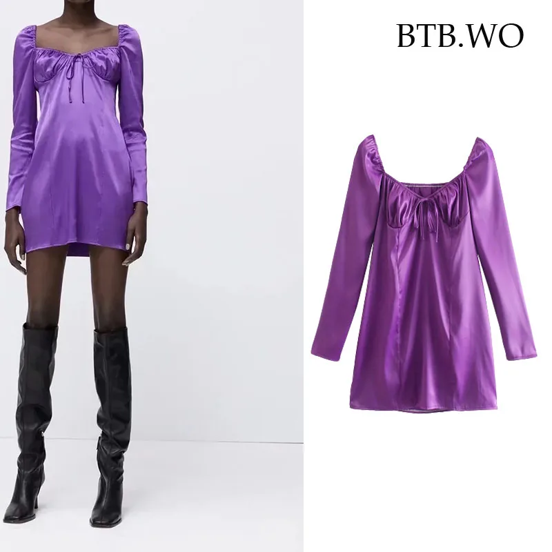 

BTB.WO Za Purple Satin Dress Women Autumn Ruched Mini Dress Woman 2021 Long Sleeve Vintage Party Dresses Elegant Short Dresses
