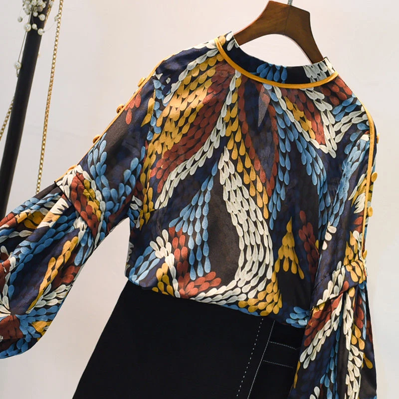 Женские шифоновые рубашки с длинным рукавом, винтажные Свободные повседневные топы с круглым вырезом и принтом, S847, весна, 2019