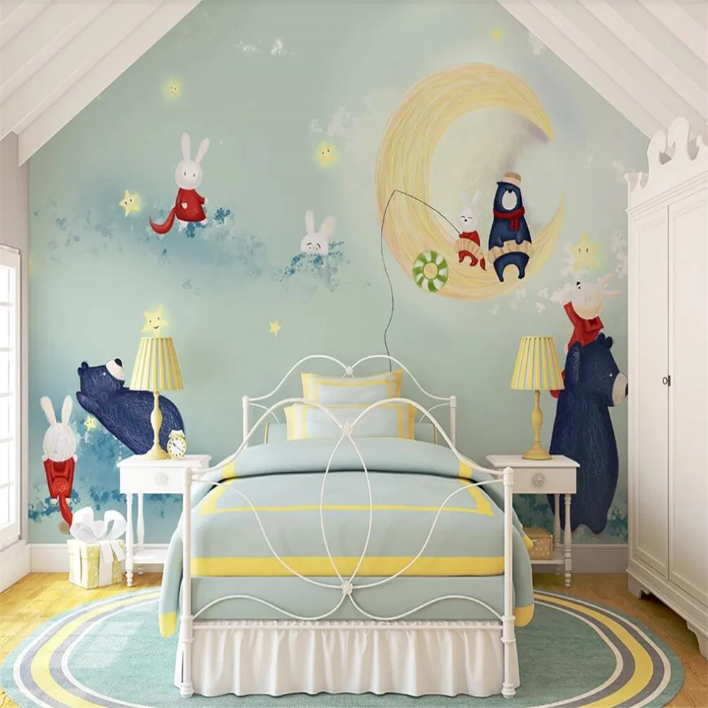 

Milofi custom 3D wallpaper mural hand-painted cute child bear bear rabbit moon background wall decoration painting wallpaper