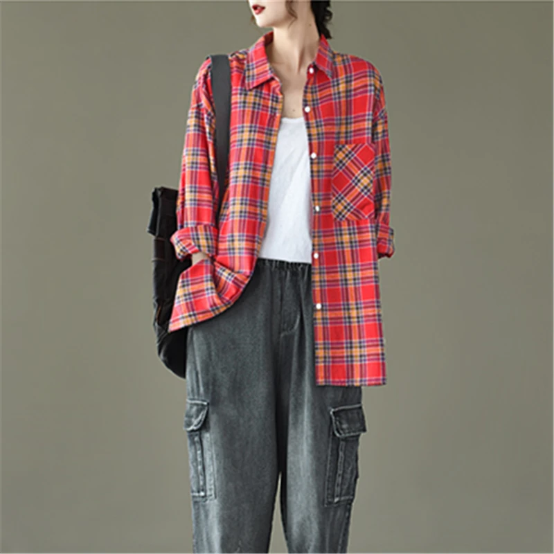 

2021 Spring Fashion New High-Quality Brushed Cotton Plaid Lapel Long-Sleeved Loose Ladies Shirt Tops Trendy H044