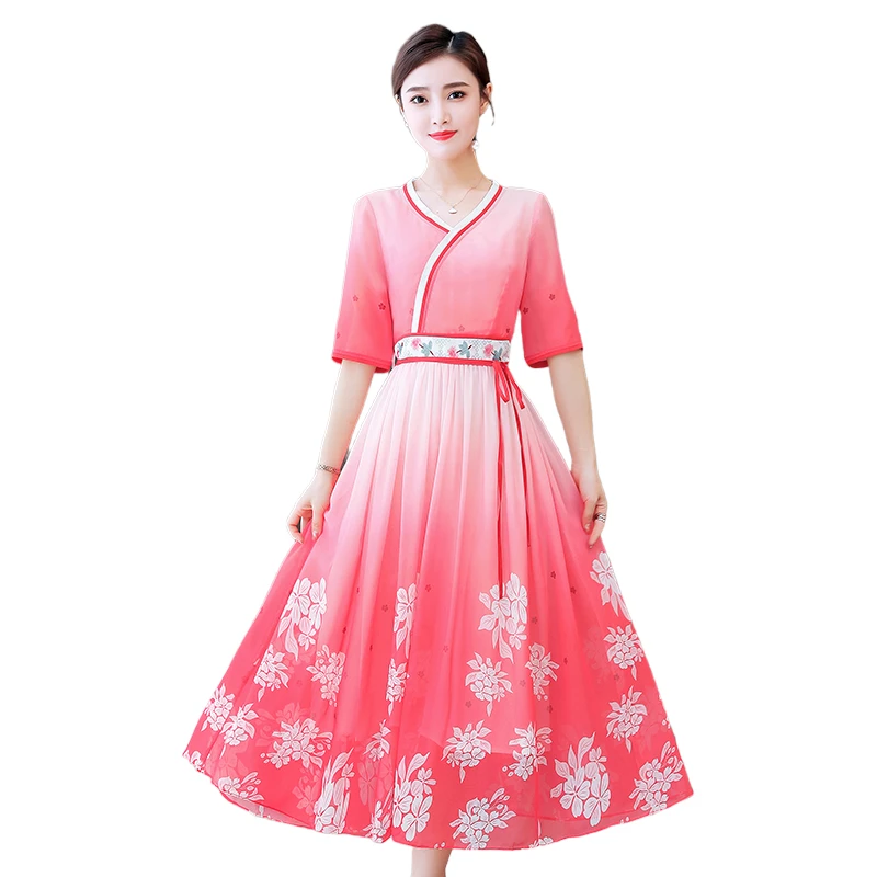 

Chinese style dress for women long summer 2020 new Short-sleeved dress ladies improved embroidery dress elegant printing fashion