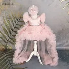 Пышное розовое Цветочное платье для девочек, детское платье из органзы с бисером для свадебной вечеринки, милое бальное платье, платья принцессы на день рождения с длинным шлейфом