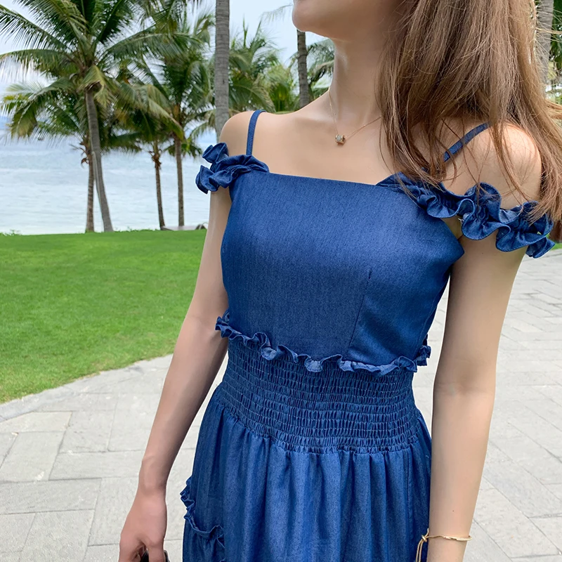 

COIGARSAM Women dress New Summer Suspenders Spaghetti Strap High Waist Dresses Dark Blue 9940