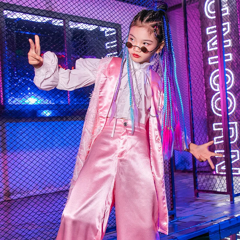 

Kids Model Catwalk Show Stage Costumes Girls Jazz Puff Sleeve Tops Pink Suit Child Hip-Hop Modern Street Dance Clothing DQL6151
