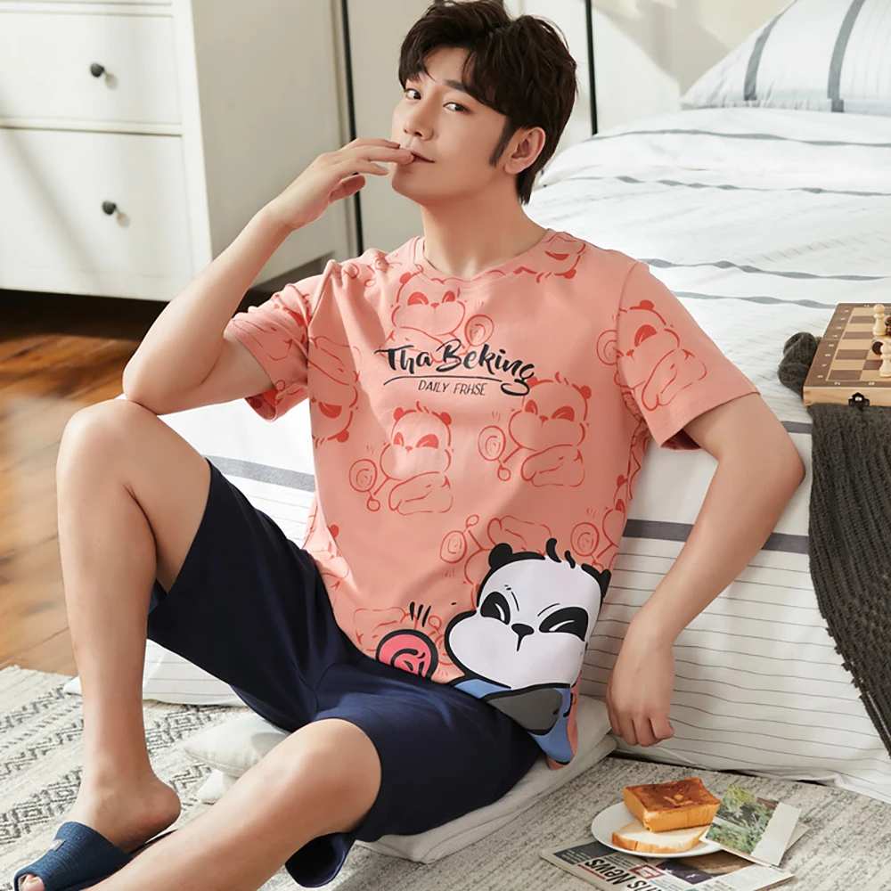 

2021 Summer Fashion Pajama Sets Cute Pandas Letter Print Pijama Casual O Neck Men Pajama+Shorts With Pocket Soft Cotton Pajamas