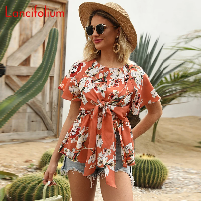 Korean Ruffle Floral Blouse Women Summer Front Tie Vintage Top Peplum Flare Short Sleeve Shirt Ladies Fashion Beach Tops Femme