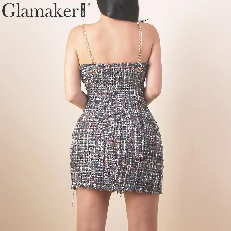 Glamaker твид Черные Короткие вечерние Клубное платье Для женщин осень без рукавов