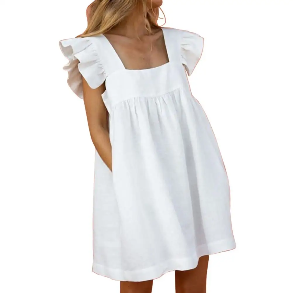 

Women Casual Square Neck Sleeveless Ruffled Straps Pockets Loose Mini Dress