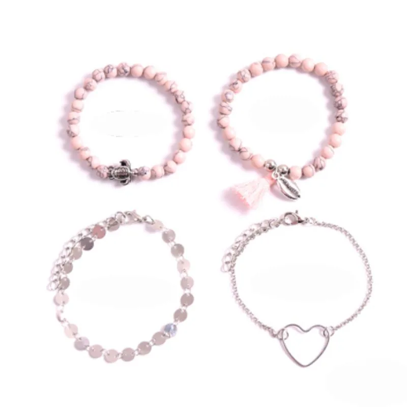 4 шт./компл. богемные женские браслеты серебряное пустое сердце Милая черепаха в