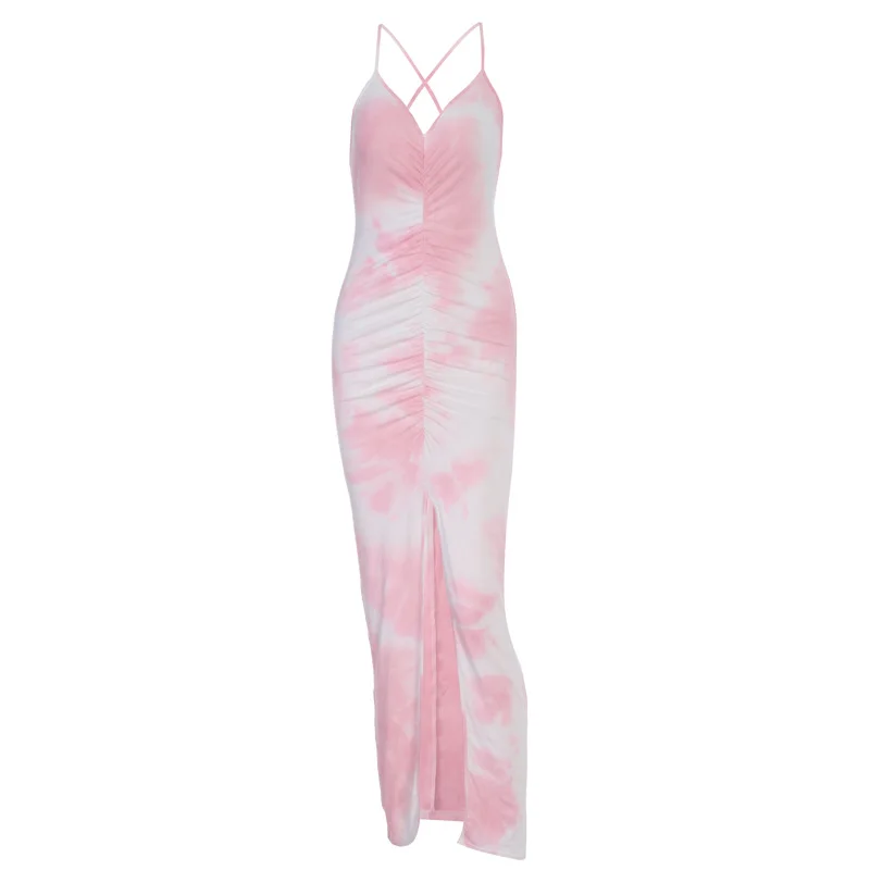 

2020 Spaghetti Strap Ruched Slit Sexy Backless Lace Up Long Dress Summer Women Fashion Streetwear Summer Clothes Sundress
