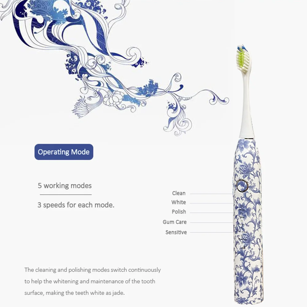 Китайская керамика в сине-белом стиле, звуковая электрическая зубная щетка, USB-перезаряжаемая с 8 насадками, водонепроницаемость IPX8