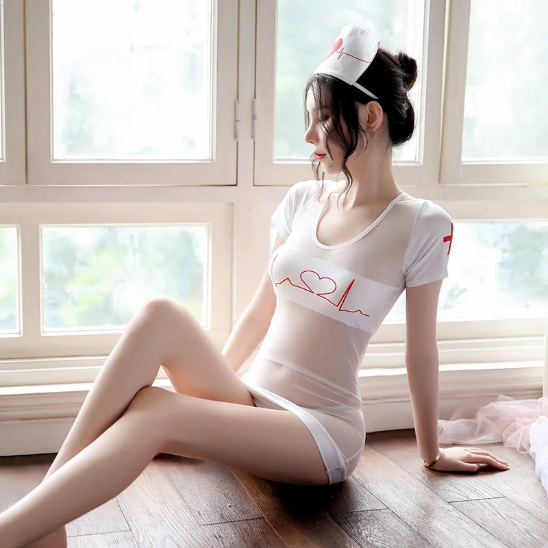 

Newest Women Lady Short Sleeve Round Collar Cosplay Nurse Mesh Sleepwear with Thong Promotion